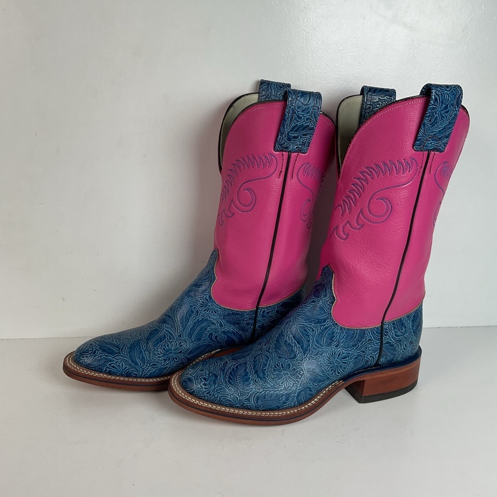 Olathe Tooled Roper Boots | Blue Vamp | Pink Top | Men’s 7 | Women’s 8